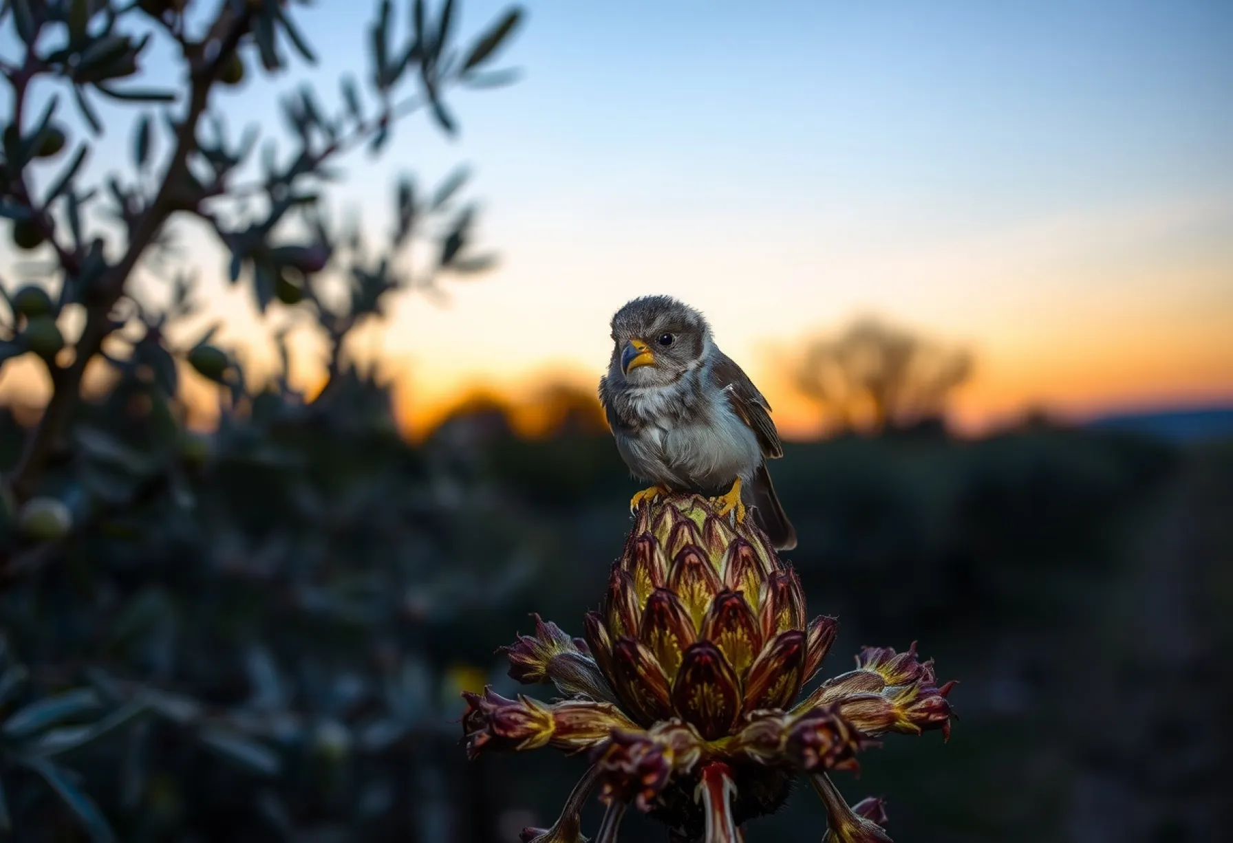Gammaeule auf verblühter Distelblüte in der Toskana bei Sonnenuntergang