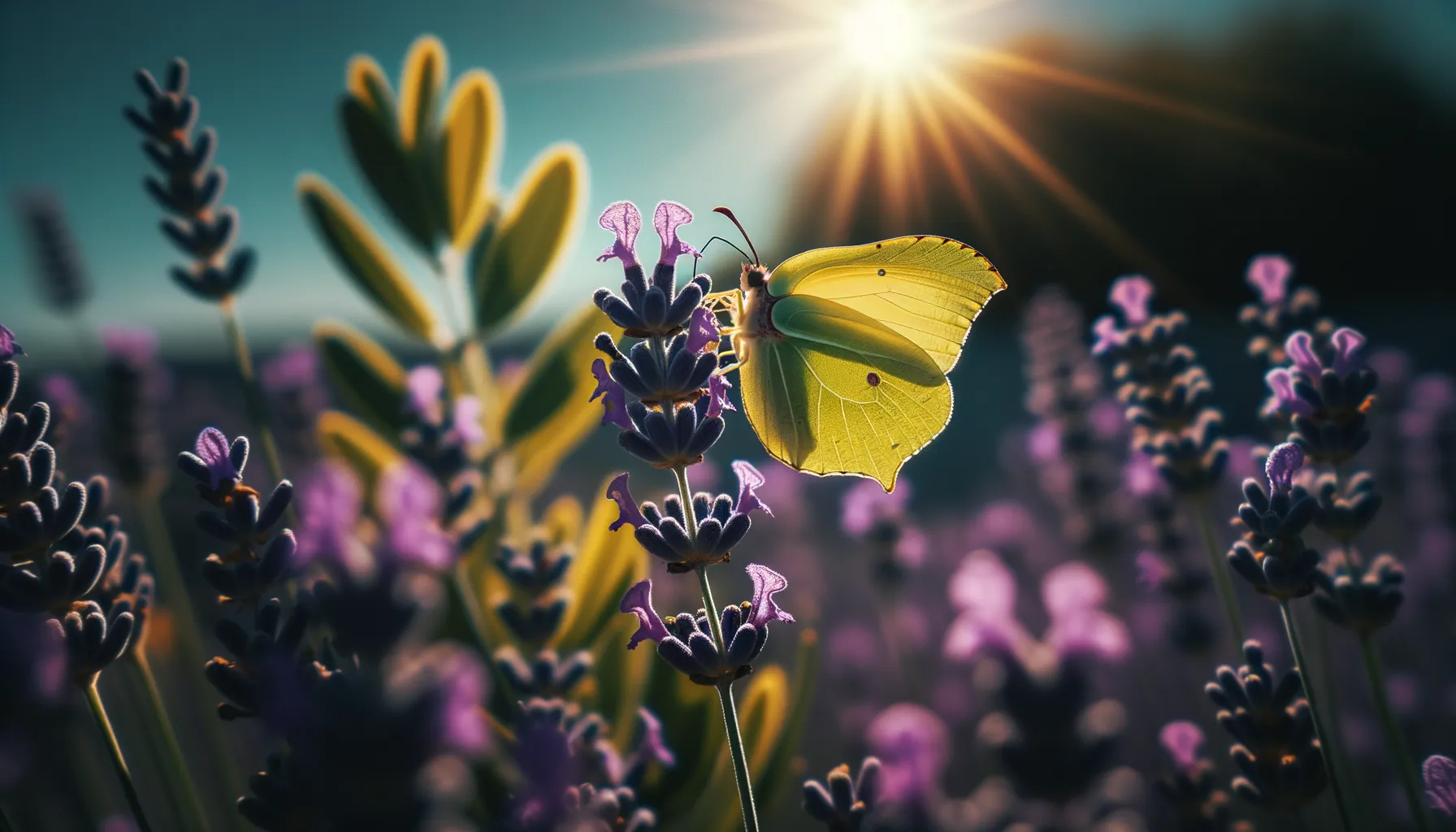 Zitronenfalter auf Lavendel vor einem wolkenlosen blauen Himmel im Sonnenlicht