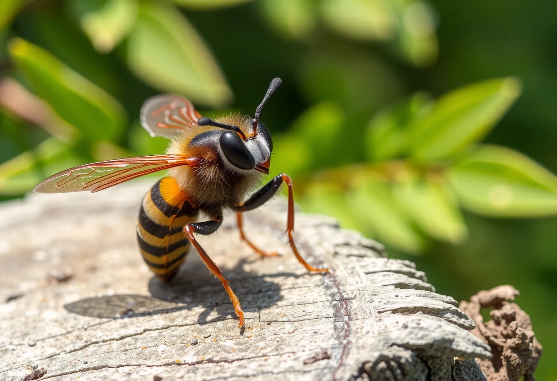 Wespe auf Holzzaun: Detaillierte Beobachtung im Sommerlicht