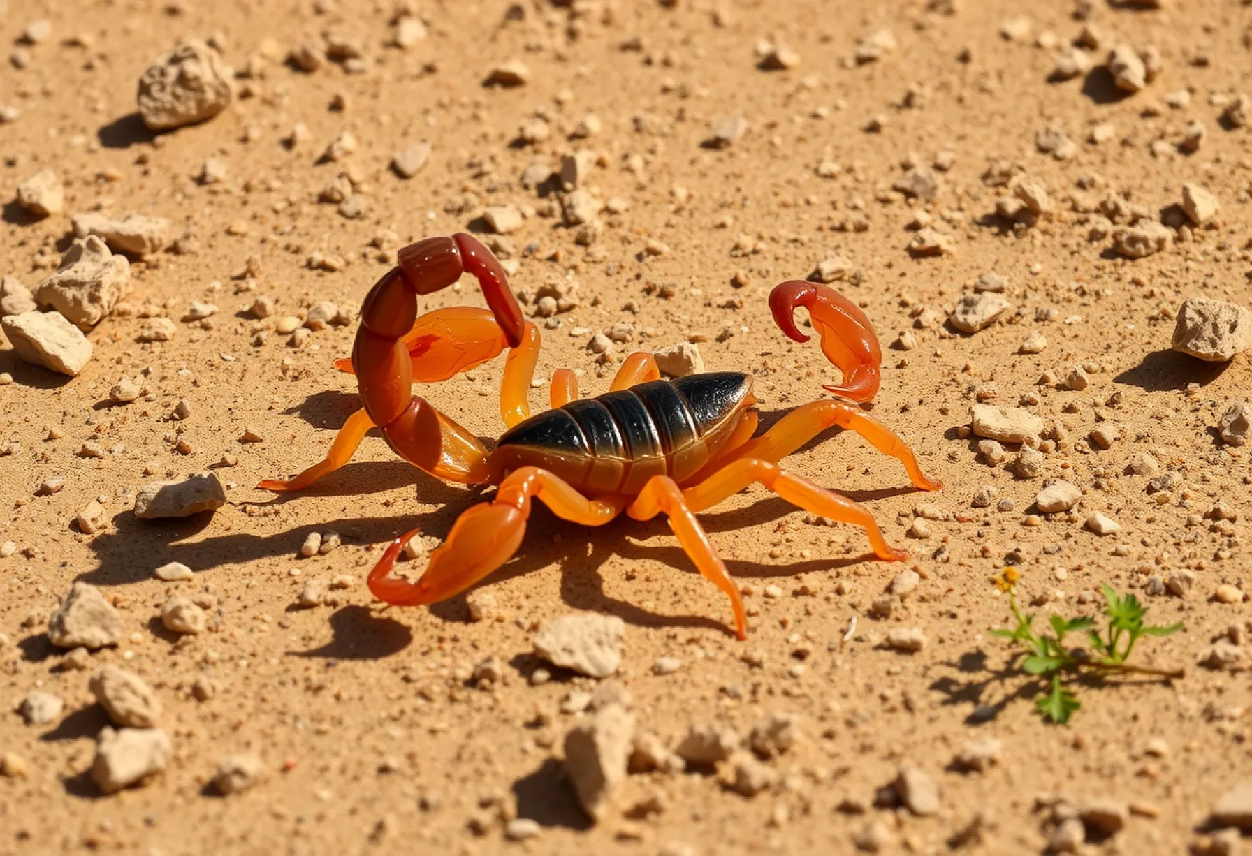 Skorpion der Familie Buthidae in Verteidigungsposition auf sandigem Wüstenboden Nordafrikas