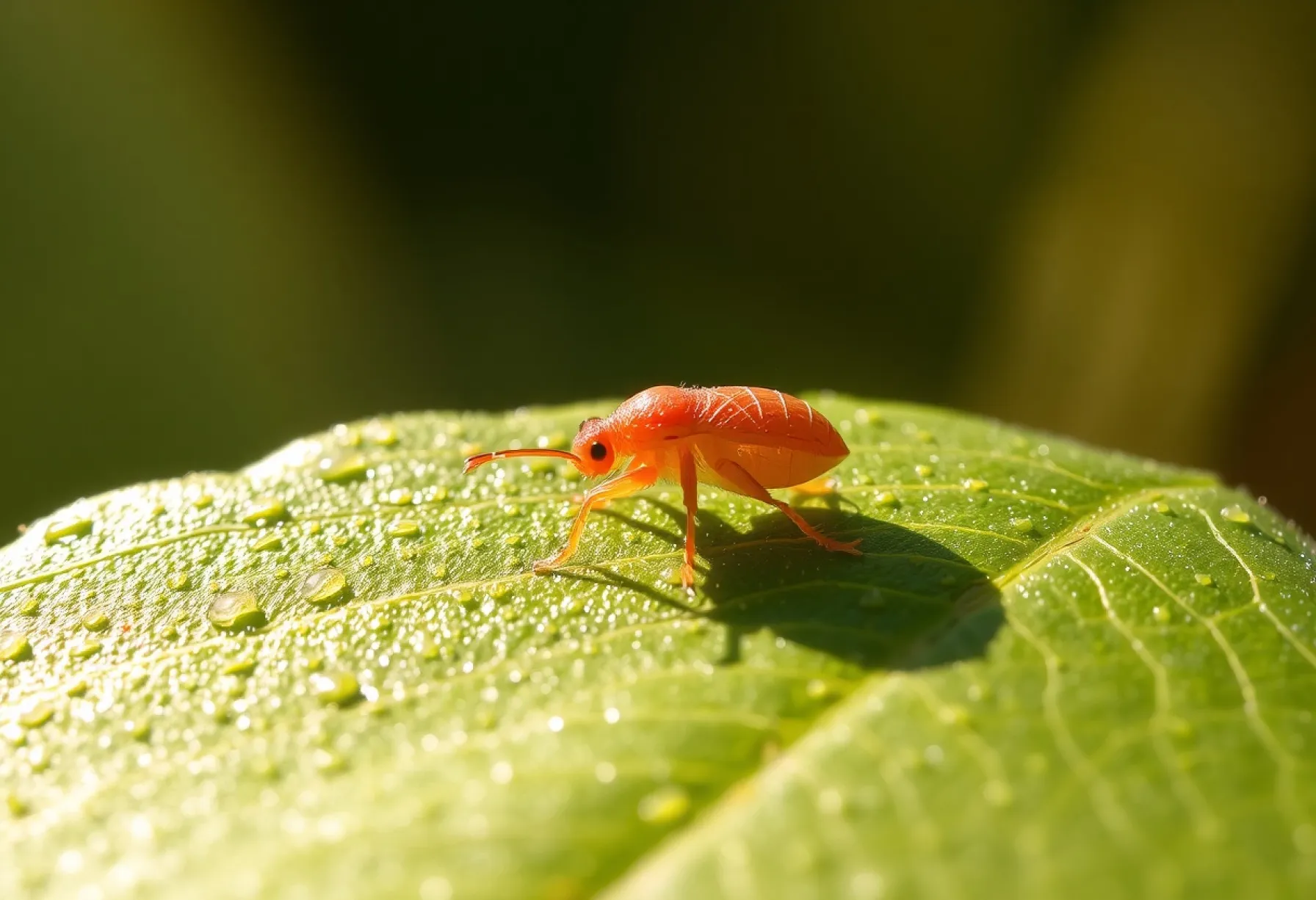 Foto einer Spinnenmilbe auf einem Blatt bei Sonnenuntergang
