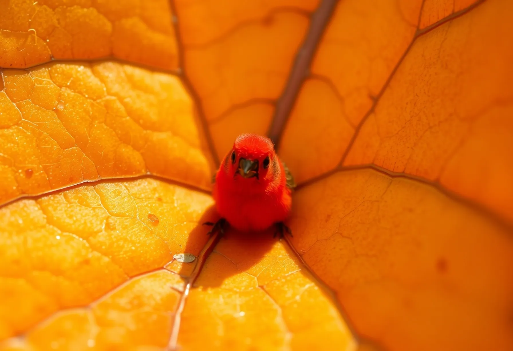 Rote Samtmilbe auf einem Eichenblatt im Detail fotografiert