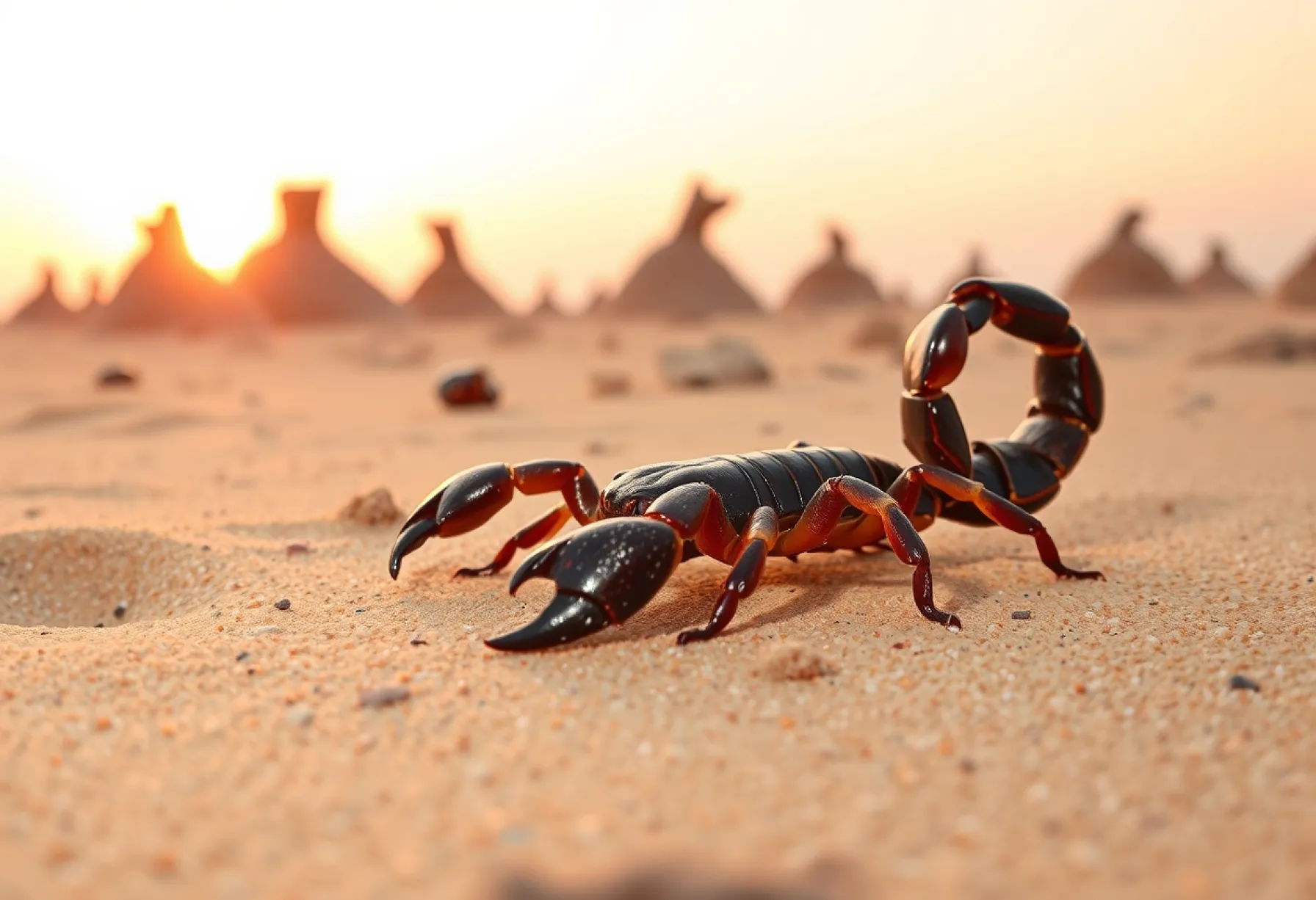 Skorpion der Art Pandinus imperator in einem trockenen Flussbett in Ghana bei Dämmerung fotografiert