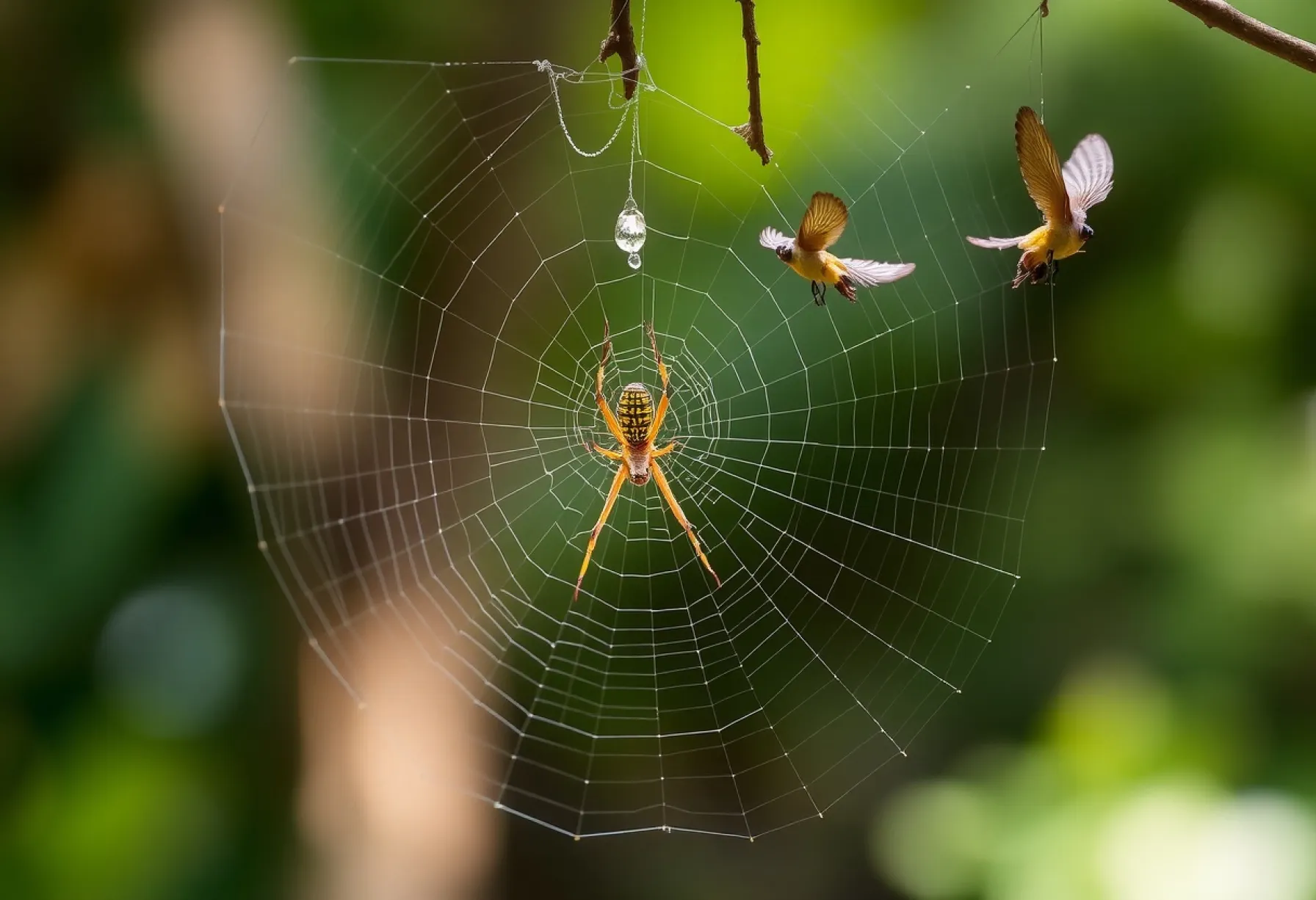 Spinnennetz im Dschungel von Costa Rica mit goldener Seidenspinne und gefangenem Schmetterling