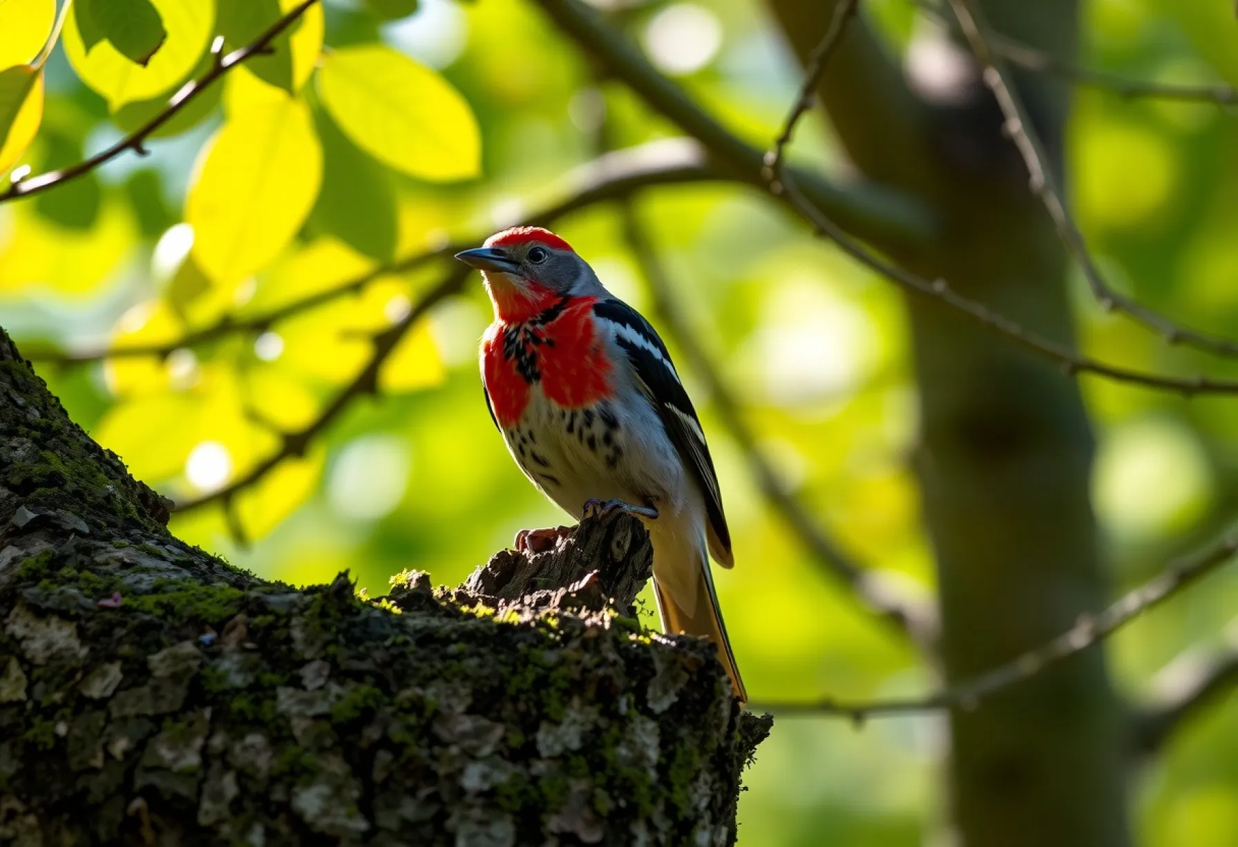 Buntspecht auf moosbedecktem Baumstamm im Teutoburger Wald: Naturszene mit Sonnenlicht und Detailbetonung