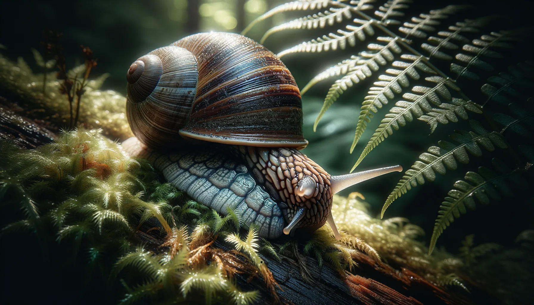 Landschnecke Cornu aspersum auf moosbewachsenem Holz in der Bretagne, Frankreich