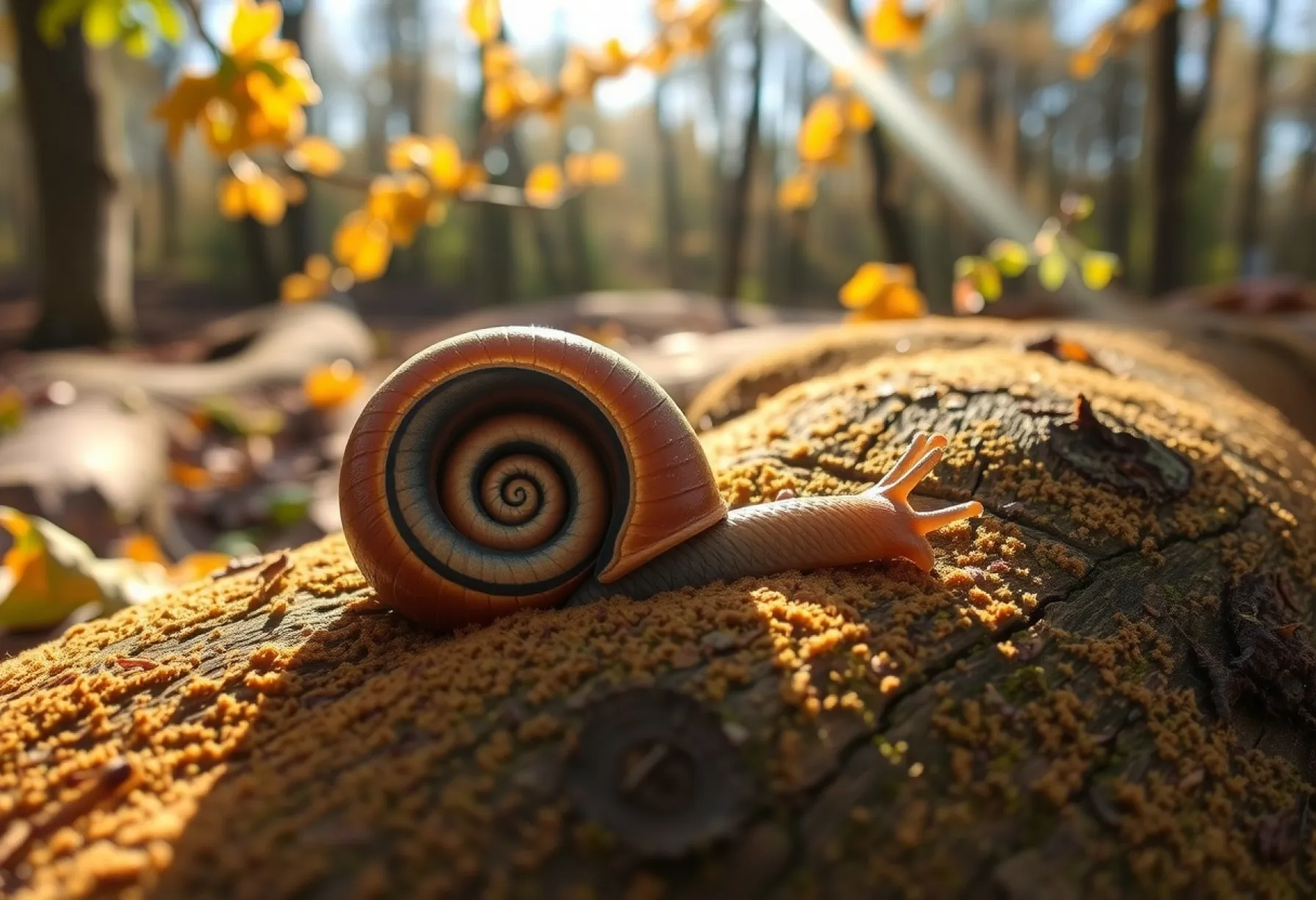 Schneckenhaus auf Moosbett im herbstlichen Eifellaubwald