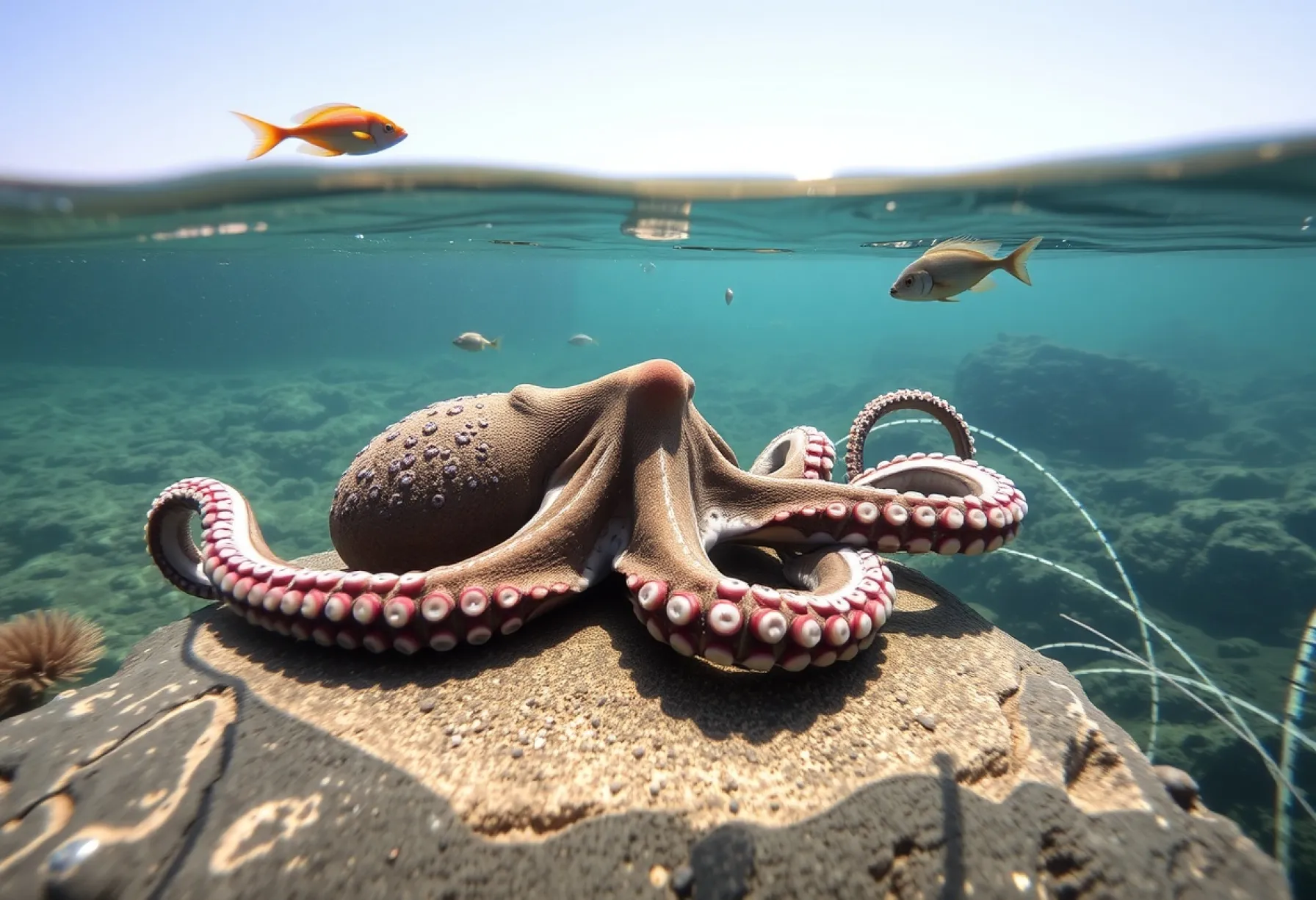 Oktopus auf Felsen bei Santorini: Tarnfähigkeit und Gelassenheit am Meeresgrund