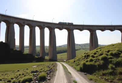 Viadukt aus dem 19. Jahrhundert in Castilla-La Mancha: Steinbögen, Symmetrie und Landschaftsansicht