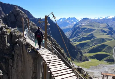 Hängebrücke im Himalaya: Wanderer überquert Schlucht in abgelegener Berglandschaft