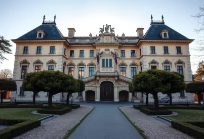 Barockes Schloss mit kunstvollen Verzierungen und symmetrischem Garten in der Morgendämmerung