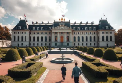 Barockes Schloss mit symmetrischem Garten und detaillierter Fassade