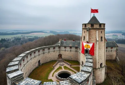 Mittelalterliche Burg mit Burggraben und verwitterten Steinmauern im Eichenwald