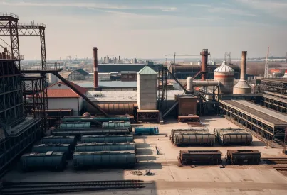 Stillgelegtes Fabrikgelände mit Hochöfen und verfallener Infrastruktur vor moderner Industrie im Hintergrund
