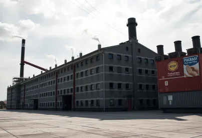 Verlassener Fabrikkomplex aus der Mitte des 20. Jahrhunderts mit Backsteingebäude und Schornsteinen