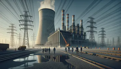 Moderne Industrieanlage mit Ingenieuren und Hochspannungsleitungen im Sonnenuntergang