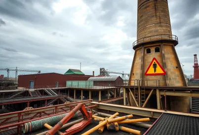 Industrieschornstein und verlassene Anlagen in einem ehemaligen Industriegebiet bei Manchester