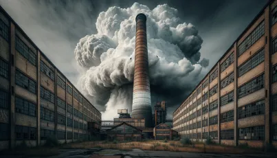 Industrieschornstein und verlassene Fabrikgebäude in verwilderter Umgebung