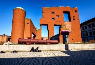 Industrieschornstein und verlassene Fabrikgebäude vor blauem Himmel: Zeichen der Zeit und Vernachlässigung