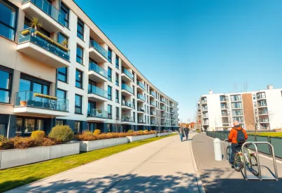 Moderne Wohnarchitektur mit Glasfassade und Begrünung in städtischer Umgebung