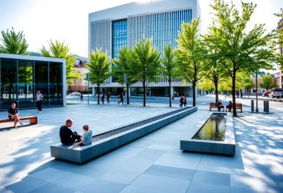 Moderner Stadtplatz in Oslo mit geometrischen Betonplatten und Wasserläufen