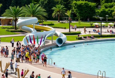 Beschreibung eines Wasserparks mit Wellenbecken, Wasserrutsche und tropischem Ambiente