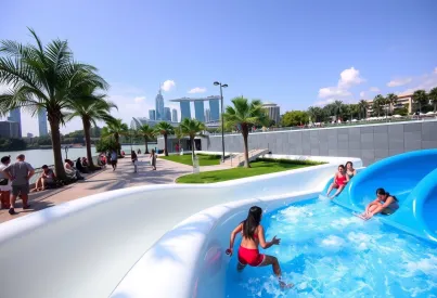 Moderne Architektur und städtische Skyline: AquaCity Wasserpark in Singapur