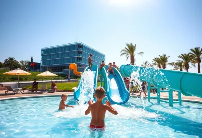 Moderner Wasserpark mit Wasserrutsche und Pool unter blauem Himmel