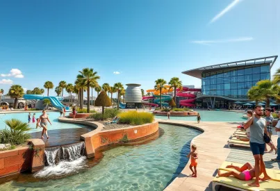 Moderner Wasserpark mit architektonischen Highlights und lebendiger Besucheratmosphäre