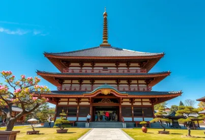 Traditionelle japanische Pagode vor klarem Himmel und umgeben von gepflegtem Garten