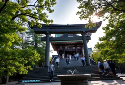 Torii-Bogen und Shinto-Schrein inmitten grüner Zedernwälder: Einblick in traditionelle japanische Kultur und Architektur der Edo-Zeit