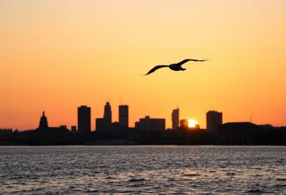 Frankfurter Skyline bei Sonnenuntergang: Silhouette der Wolkenkratzer über dem Main