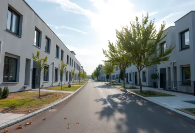 Moderne Reihenhäuser mit kubistischer Architektur und gepflegten Gärten in ruhiger Straßenlage