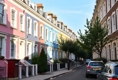 Viktorianische Reihenhäuser in Notting Hill: Pastellfarbene Fassaden und gepflegte Vorgärten