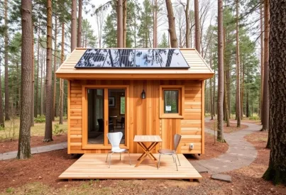 Modernes Tiny House aus nachhaltigem Zedernholz im Wald bei Portland, Oregon