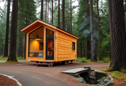 Tiny House im Wald bei Portland: Modernes Design mit harmonischer Holzeinbindung und großen Fensterfronten