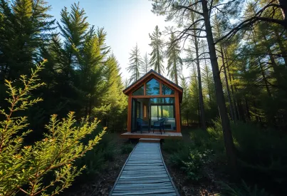 Tiny House im Wald mit Glasfronten und Holzveranda