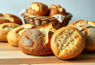 Darstellung von frisch gebackenen Brötchen auf einem Holztisch im natürlichen Licht