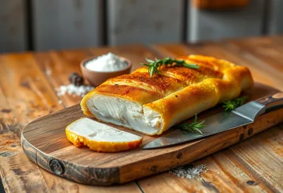 Präsentation eines gebratenen Maispoulardenbrustfilets auf Holzbrett in französischer Landküche