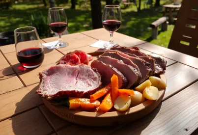 Lammgericht mit gegrillten Paprikastreifen und gerösteten Kartoffeln im Freien serviert