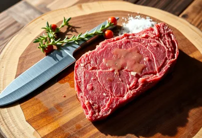Darstellung eines Rinderfilets auf Holzbrett mit Tranchiermesser und Gewürzen