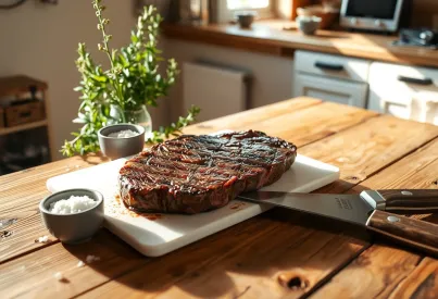 Rindersteak auf Holztisch in Landhausküche mit Kräutern und Meersalz