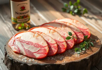 Gepökelter Schweinebauch und Apfelwein aus der Normandie auf rustikalem Holzbrett präsentiert