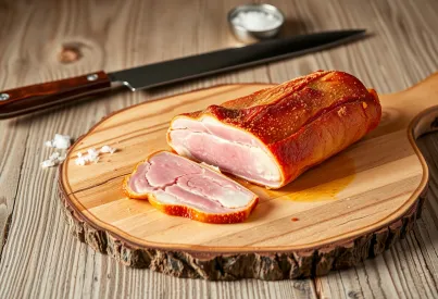 Präsentation von Schweinebauch auf rustikalem Holzbrett mit Meersalz und Küchenmesser im Hintergrund