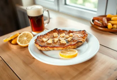 Traditionelles deutsches Schweineschnitzel mit Bratkartoffeln und Bier im rustikalen Ambiente