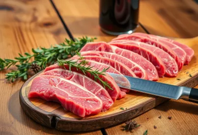 Präsentation von Rehrücken mit Wildkräutern und Bordeauxwein auf rustikalem Tisch