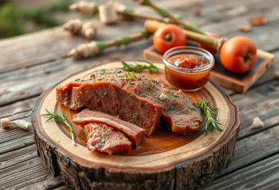 Rustikaler Holztisch mit Rehrücken und Preiselbeerkompott in natürlicher Beleuchtung
