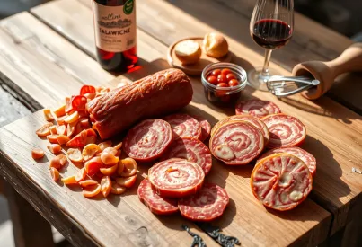 Arrangement von Wurstwaren auf einem rustikalen Holztisch mit Rotwein und Beilagen