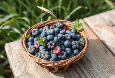 Rustikales Stillleben: Handgepflückte Blaubeeren im Weidenkorb auf Holztisch in ländlicher Umgebung