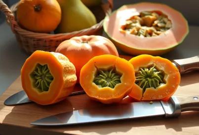 Kiwano-Früchte auf Schneidebrett mit Messer in Küchenumgebung